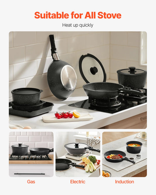 VEVOR 17 Pcs Nonstick Cookware Set Granite Pots and Pans Set Induction Cookwares Kitchen Cooking Set with Frying Sauce Saute Pan