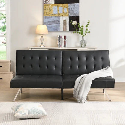 sofa bed black , can be placed flat, wooden frame, stainless steel legs, suitable for living rooms and apartments