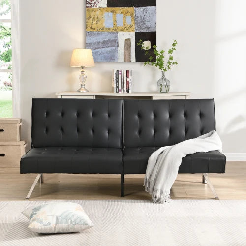 sofa bed black , can be placed flat, wooden frame, stainless steel legs, suitable for living rooms and apartments