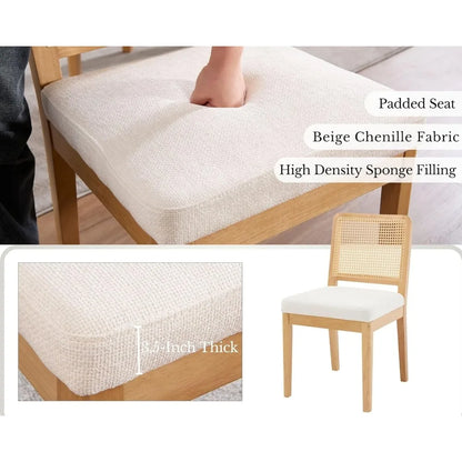 Modern Farmhouse Rattan Dining Chair Set of 6 Beige Chenille Upholstered Dining Chairs with Rattan Back