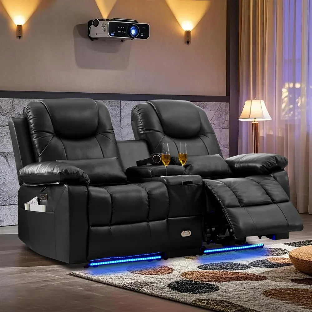 Power Reclining Sofa with LED Light for Living Room, Electric Double  Home Theater Seatings, Contemporary PU Leather
