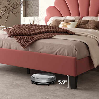 Bed Frame/Velvet Upholstered Platform Bed Frame with Flower Pattern Headboard/Strong Wood Slats Support/Mattress Foundation/No B