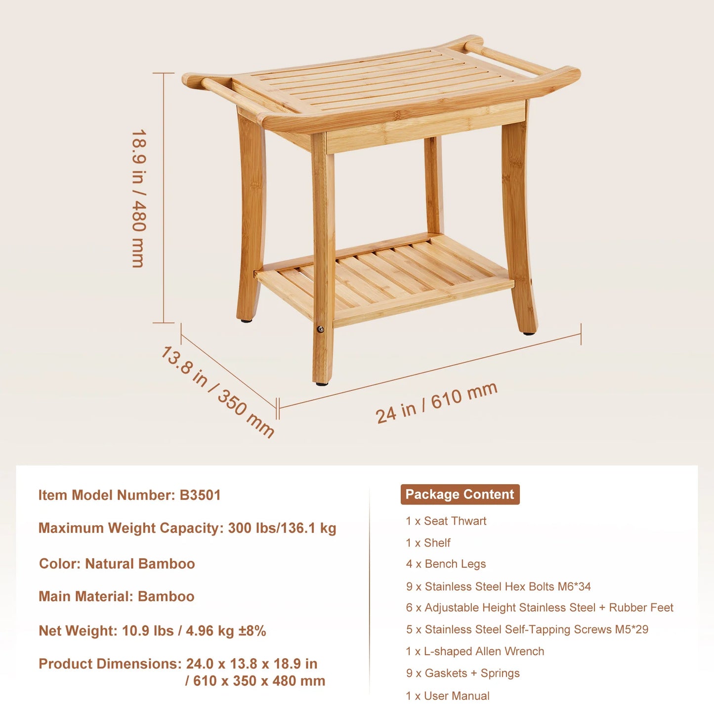 Bamboo Shower Bench 19.1x11.3x18.3 in Waterproof Shower Stool Chair with Storage Shelf 330lbs Load Capacity Spa Seat