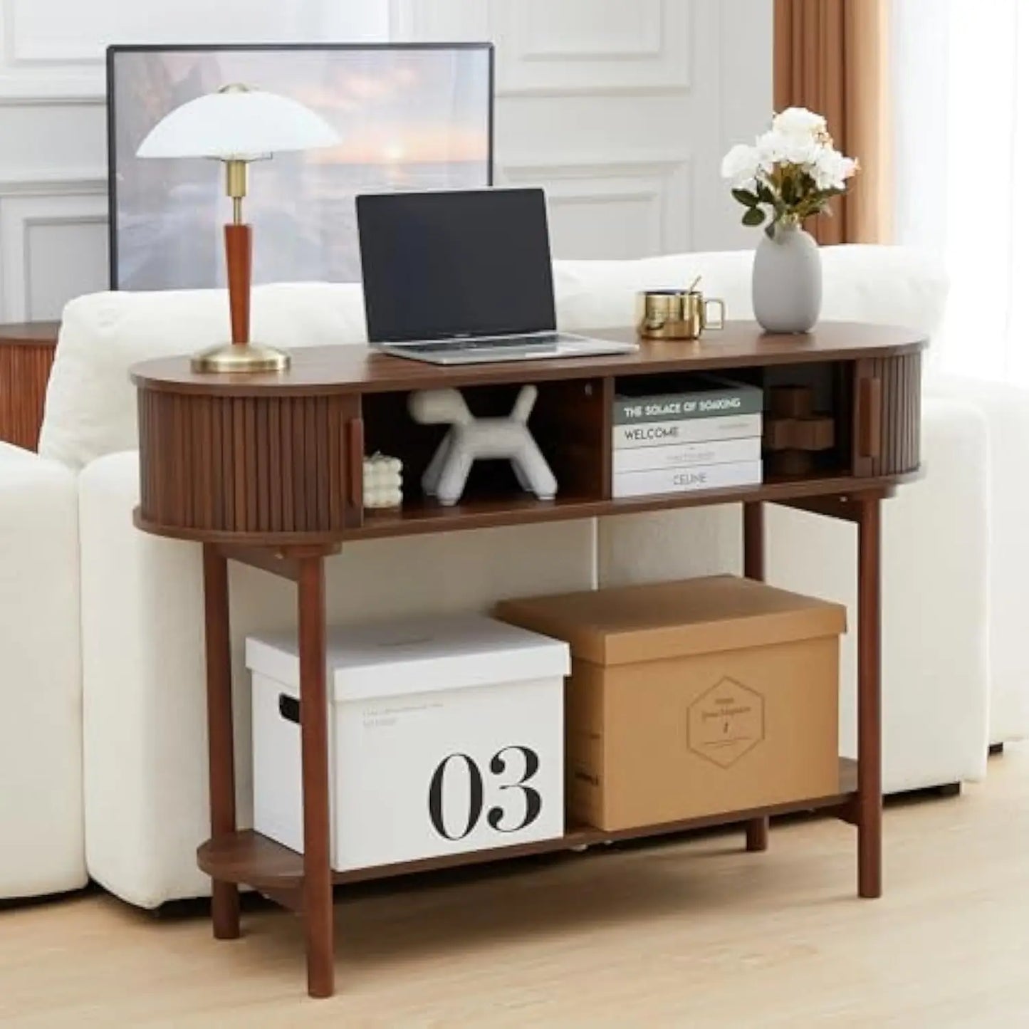 Fluted Console Table Modern Entryway Table with Tambour Sliding Door 2 Tier Sofa Table with Storage Side Table Behind Couch in L