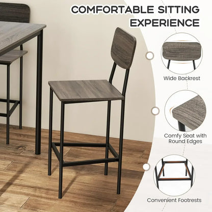 5-Piece Dining Table Set W/Counter Height Table & 4 Bar Stools, Modern Kitchen Dining Set W/Footrest & Backrest, Space-Saving