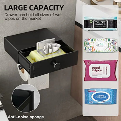 Matte Black WallMounted Toilet Paper Holder with Integrated Shelf and Storage Drawer Design: SelfAdhesive Flushable Wipes Dispe