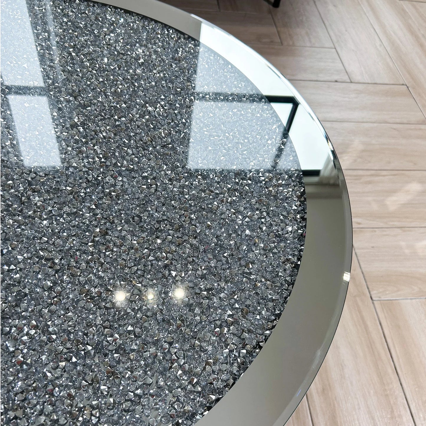 Mirrored Coffee Table with Crystal Inlay, 31.5'' Modern Round Coffee Table with Mirror Surface, Silver Accent Table