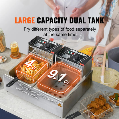 12L Electric Deep Fryer w/Dual Removable Tanks Commercial Countertop  Fryer for Chicken French Fries Frying Chips