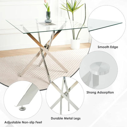 5 Piece Silver Luxury Glass Dining Set, Modern Minimalist  Table Set for 4, 36'' Clear Square Glass Top Dining Room Set