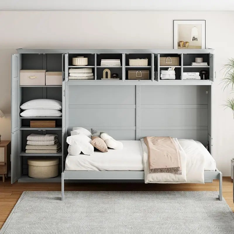 Gray Queen Murphy Bed with Cabinets, Space-Saving Wall Bed for Dual Functionality