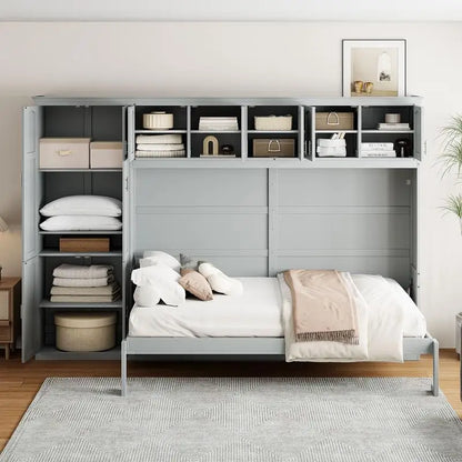 Gray Queen Murphy Bed with Cabinets, Space-Saving Wall Bed for Dual Functionality