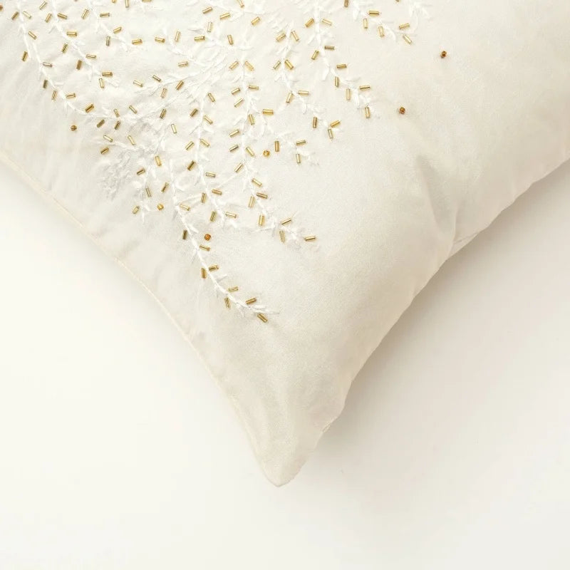 100% Polyester Ivory Lumber Pillow with Embroidery & Bead Work – Soft & Stylish Accent-24X16