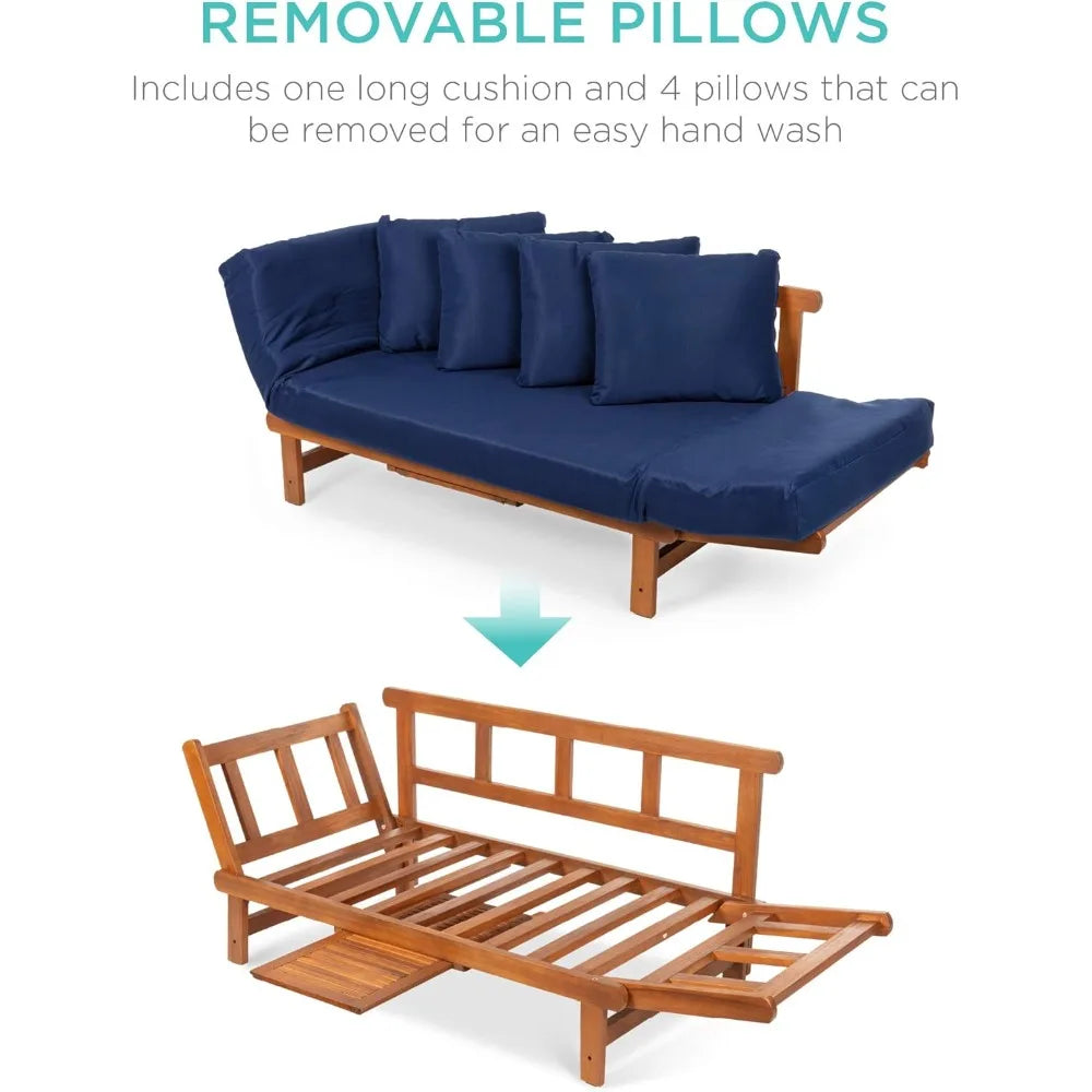 Outdoor Convertible Acacia Wood Futon Sofa Furniture for Patio, Balcony, Poolside, Backyard w/Pullout Tray, Removable Weather-R