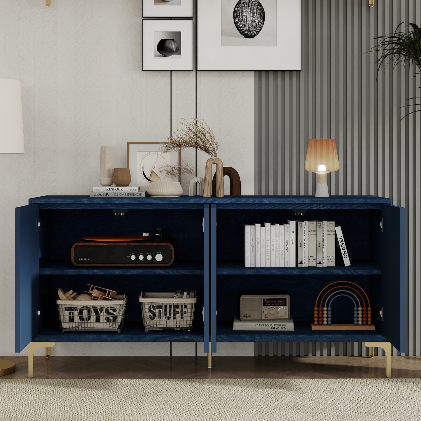 Modern 4-door Sideboard with Creative carved and shaped surface and Adjustable Shelves, Suitable for Study, Living Room