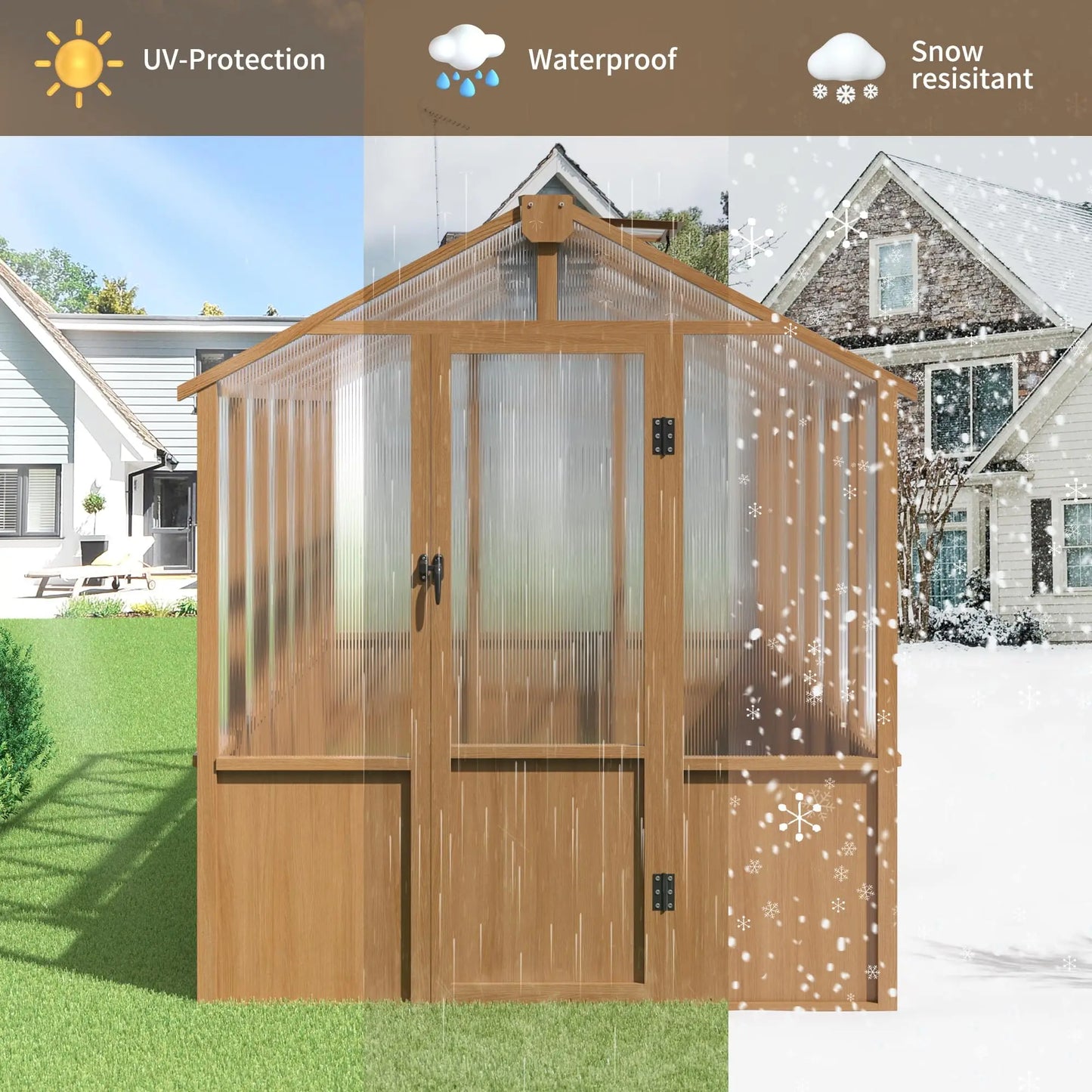 Multiple Sizes Wooden Greenhouse, 6x8~8x16FT Wooden Greenhouse Vent Roof UV Protection for Backyard Garden Patio