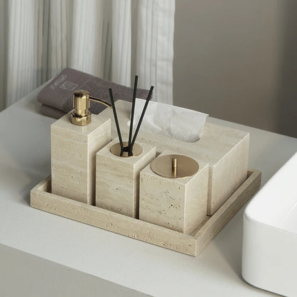 Travertine Bathroom Set Luxury Soap Dish Soap Dispenser Tissue Box Vanity Tray Bathroom Accessories Set
