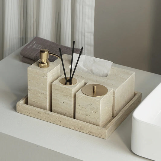 Travertine Bathroom Set Luxury Soap Dish Soap Dispenser Tissue Box Vanity Tray Bathroom Accessories Set