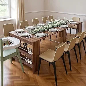 Modern Extendable Dining Table for 2 to 12 People with Outlet, Space Saving Expanding Table with Storage for Party, Weddings, Me