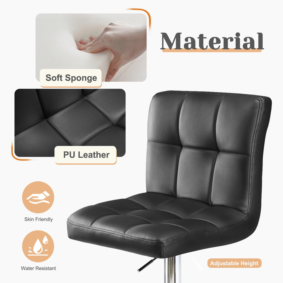 PU Leather Bar Stools Set of 2,Upholstered Counter Height Bar Stools,SGS Certified Gas Gylinder Comfortbale Backrest
