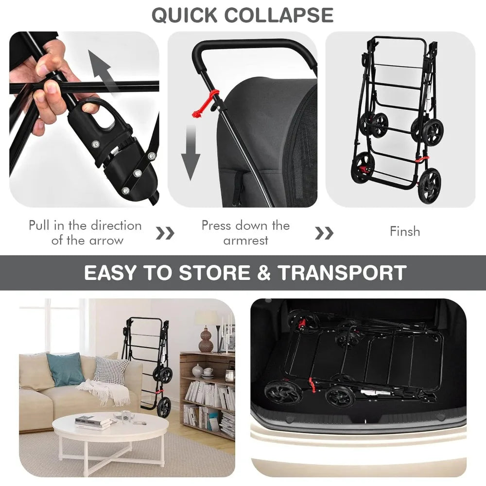 Double Pet Stroller with 2 Detachable Carrier Bags, Safety Belt, 4 Lockable Wheels, Folding Cat & Dog Stroller for Small Medium