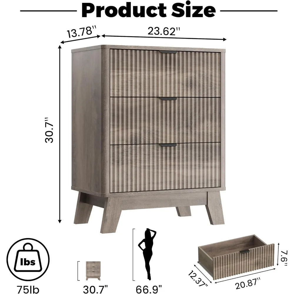 Night Stand Set 2,Mid Century Modern Fluted Wood Nightstand with Drawers & Metal Handles, Farmhouse Nightstand for Bedroom