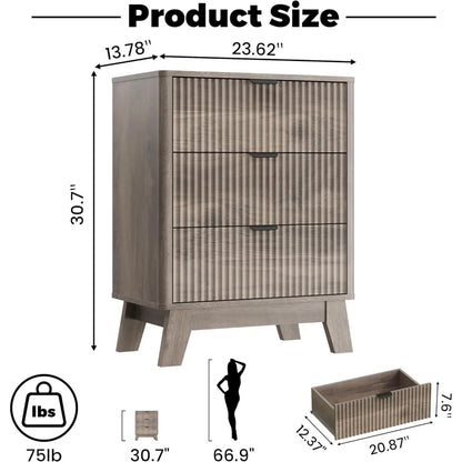 Night Stand Set 2,Mid Century Modern Fluted Wood Nightstand with Drawers & Metal Handles, Farmhouse Nightstand for Bedroom