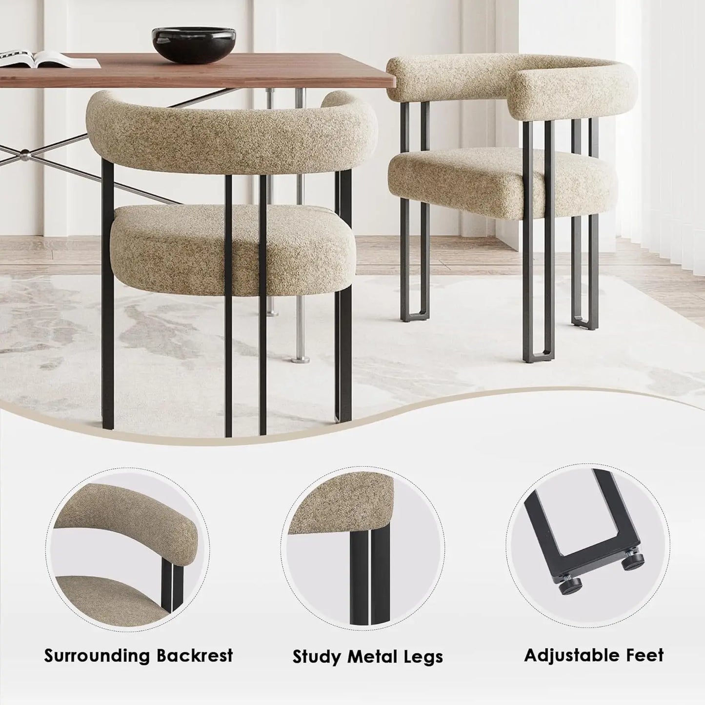 Set of 2 Upholstered Dining Arm Chairs, Bouclé Fabric Accent Chairs, Modern Armchairs with Cushioned Seat & Back