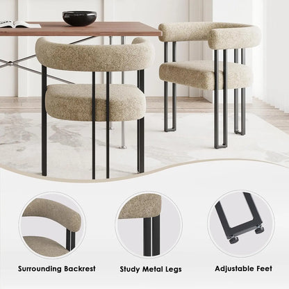 Set of 2 Upholstered Dining Arm Chairs, Bouclé Fabric Accent Chairs, Modern Armchairs with Cushioned Seat & Back