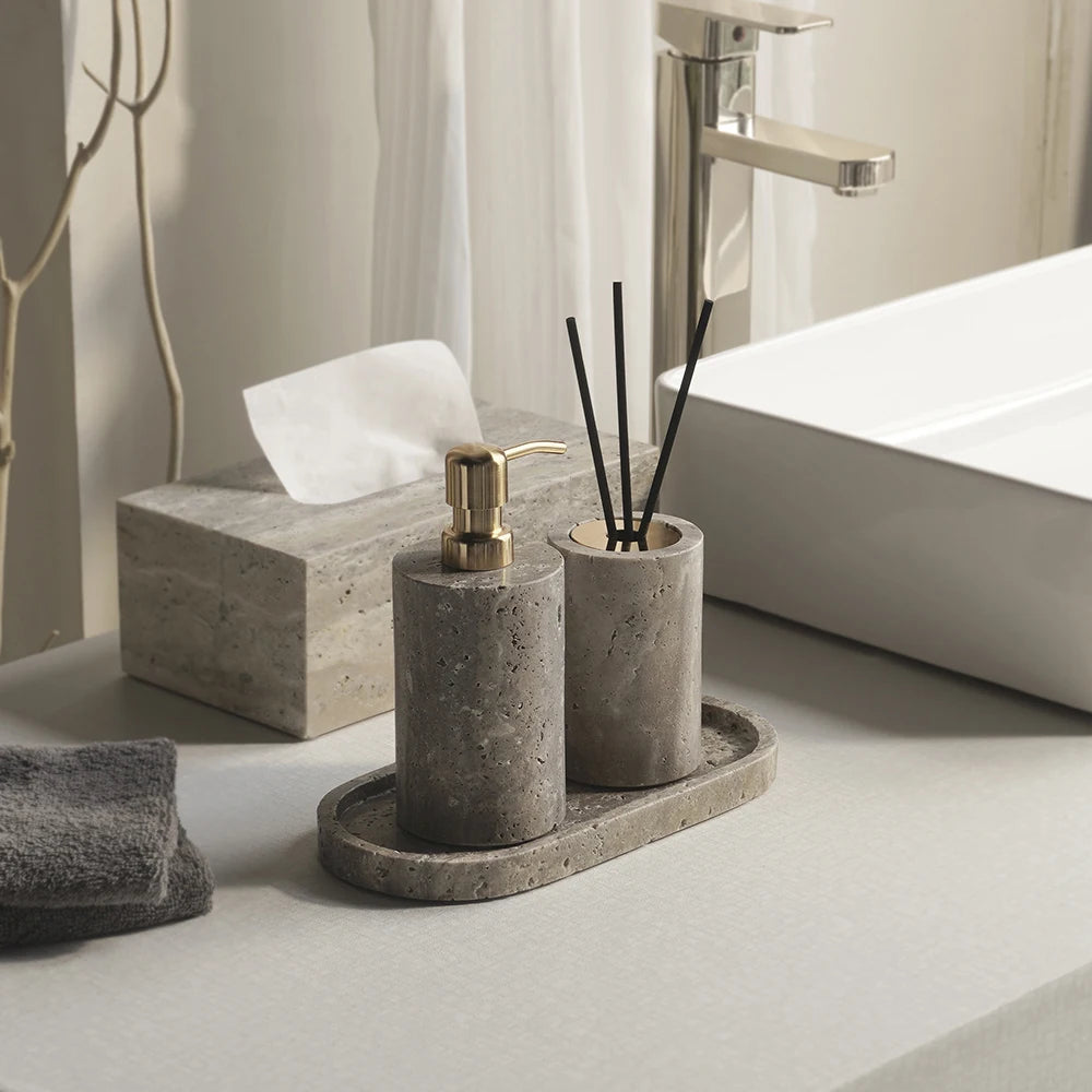 Grigio Travertino Bathroom Accessories Sets Vintage Marble Soap Holder Soap Dispenser Vanity Tray Bathroom Set