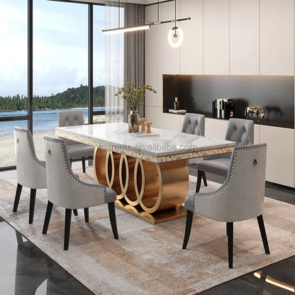 Classic Italian White Dining Sets Big Rectangular 8 Seater Leather Chairs Luxury Marble Dining Table Dining Room Furniture