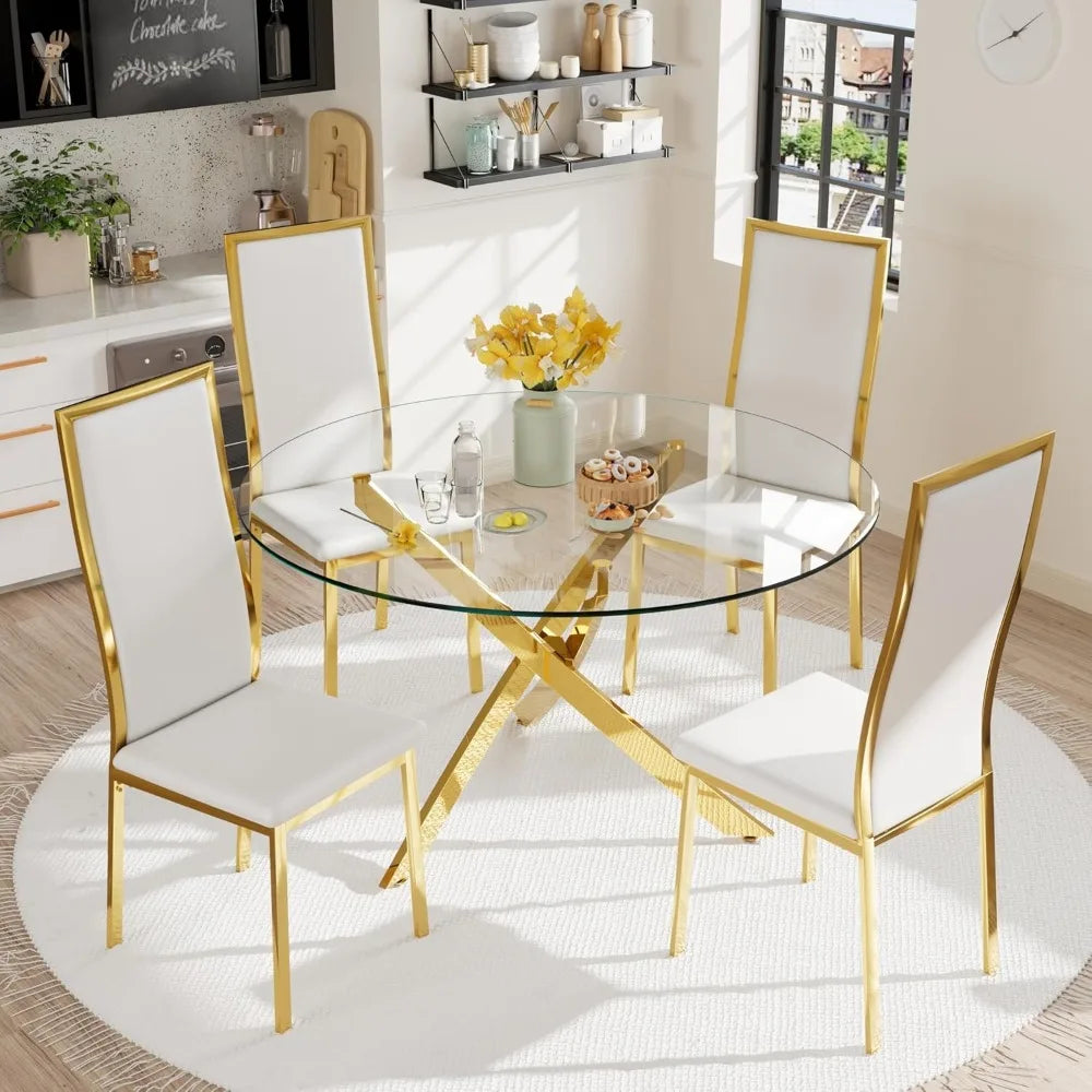 Modern Dining Chairs Set of 4 White Faux Leather with Chrome Gold Metal Legs, Curved High Back Design & Cloud Cushioning, Mid-Ce