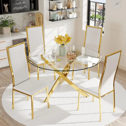 Modern Dining Chairs Set of 4 White Faux Leather with Chrome Gold Metal Legs, Curved High Back Design & Cloud Cushioning, Mid-Ce