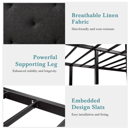 Metal Bed Frame with Upholstered Finely Stitched Headboard, , Sturdy Foundation, No Box Spring Needed