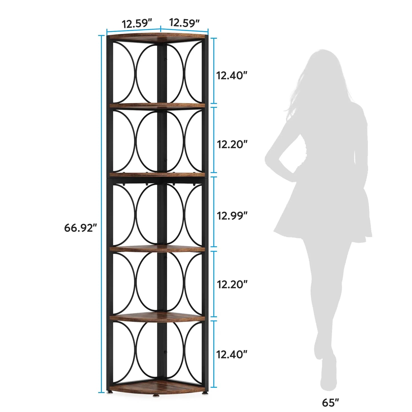 67 inch Tall Corner Shelf, 6 Tier Rustic Corner Bookshelf Bookcase Storage Rack Standing Shelving Unit