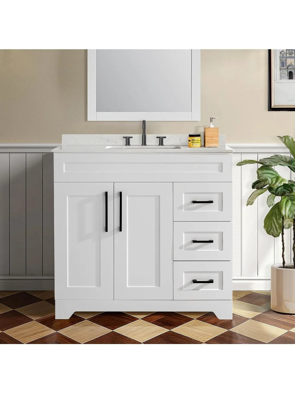 36" Luxurious Bathroom Vanity with White Stone Countertop and Rectangle Sink and Back Splash,2 Soft Closing Doors & 3 Full