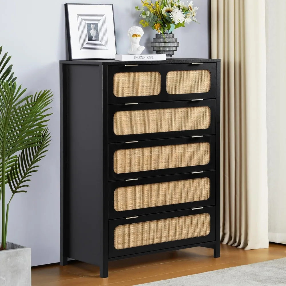 5 Drawer Tall Wooden/Rattan Chest Dresser
