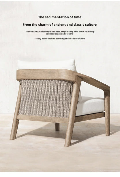 Outdoor furniture sofas tables chairs distressed style Waterproof fabric rattan and solid wood villa and hotel sample customized