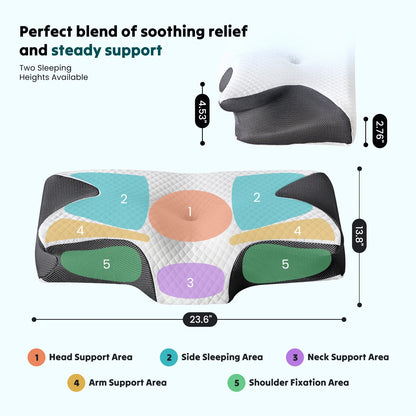 Ergonomic 23.6" Largex13.8" Wide Cervical Neck Pillow Memory Foam Pillow with Cooling Pillowcase Cervical Contour Pillows
