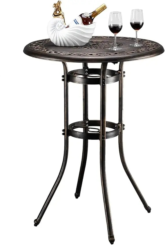 Cast Aluminum Bar Height Patio Table with Umbrella Hole - Tall Outdoor Bistro Table, 32" Dia x 41" H (Black)
