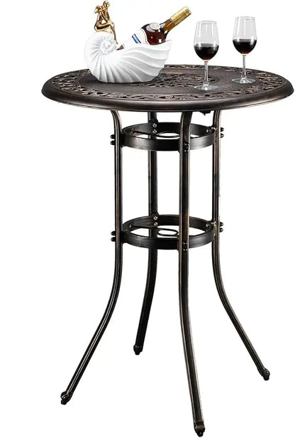 Cast Aluminum Bar Height Patio Table with Umbrella Hole - Tall Outdoor Bistro Table, 32" Dia x 41" H (Black)