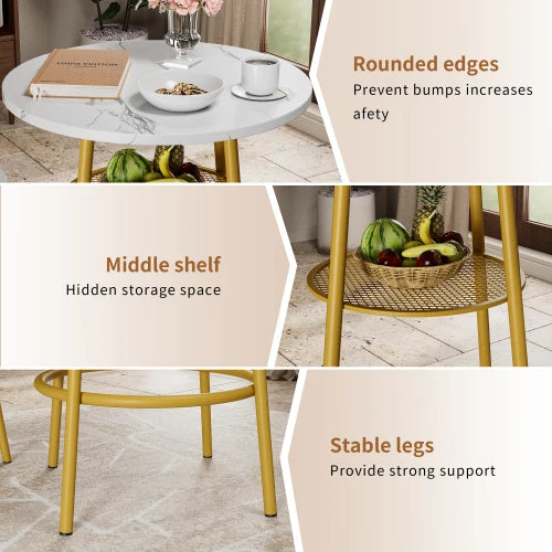 3 Pcs, Dining Table and Chairs Set with 2 Stools Dining Table Set Faux Marble Tabletop for Home or Hotel Dining Room