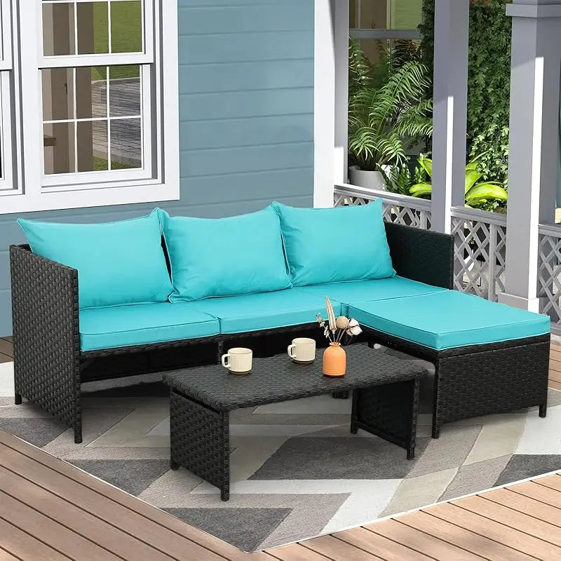 3-Piece Outdoor PE Rattan Furniture Set Patio Black Wicker Conversation Loveseat Sofa Sectional Couch Gray Cushion