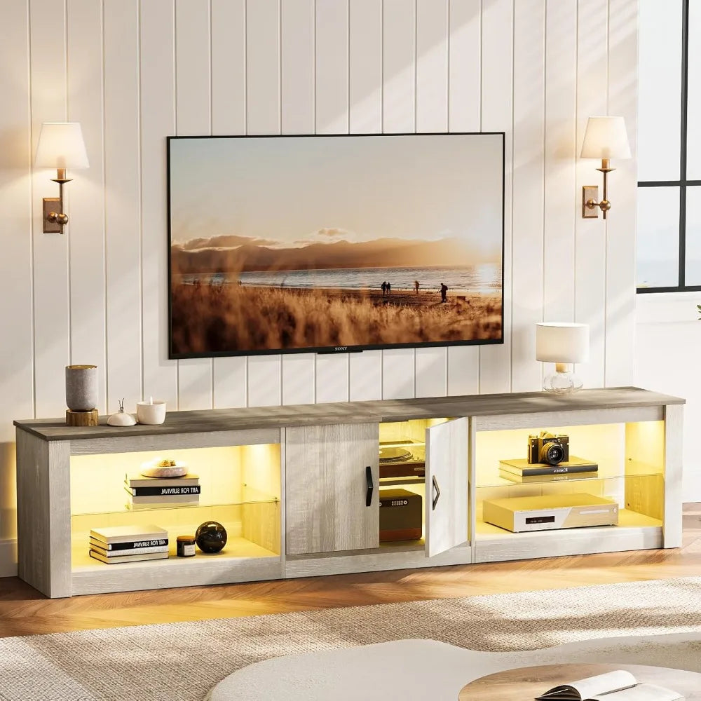 80 Inch TV Stand for 75/77/85/86 inch TVs, LED Gaming Entertainment Center for PS5 with Storage Cabinet &Adjustable Glas
