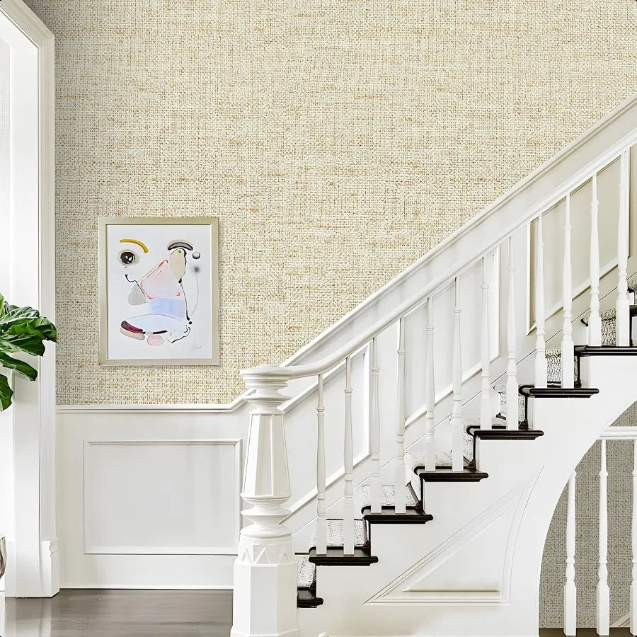 Wallpaper, Beige Grass cloth Waterproof Peel and Stick 15.75inchx118.11inch Self Adhesive Removable Wallpaper