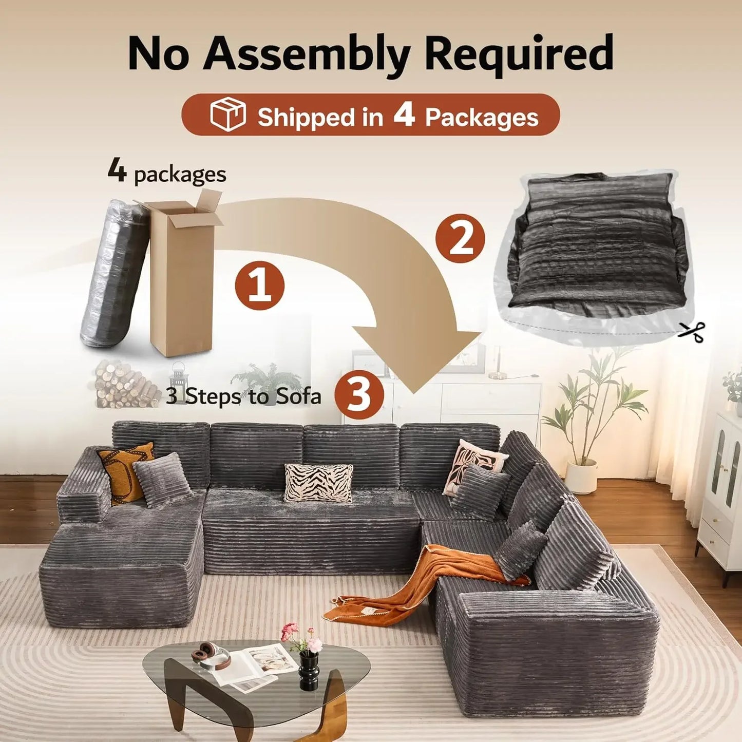 U Shaped Sofa Boneless Couch with Chaise 135" Cloud Modular Sectional Couch for Living Room Big Comfy Couches Set  furniture