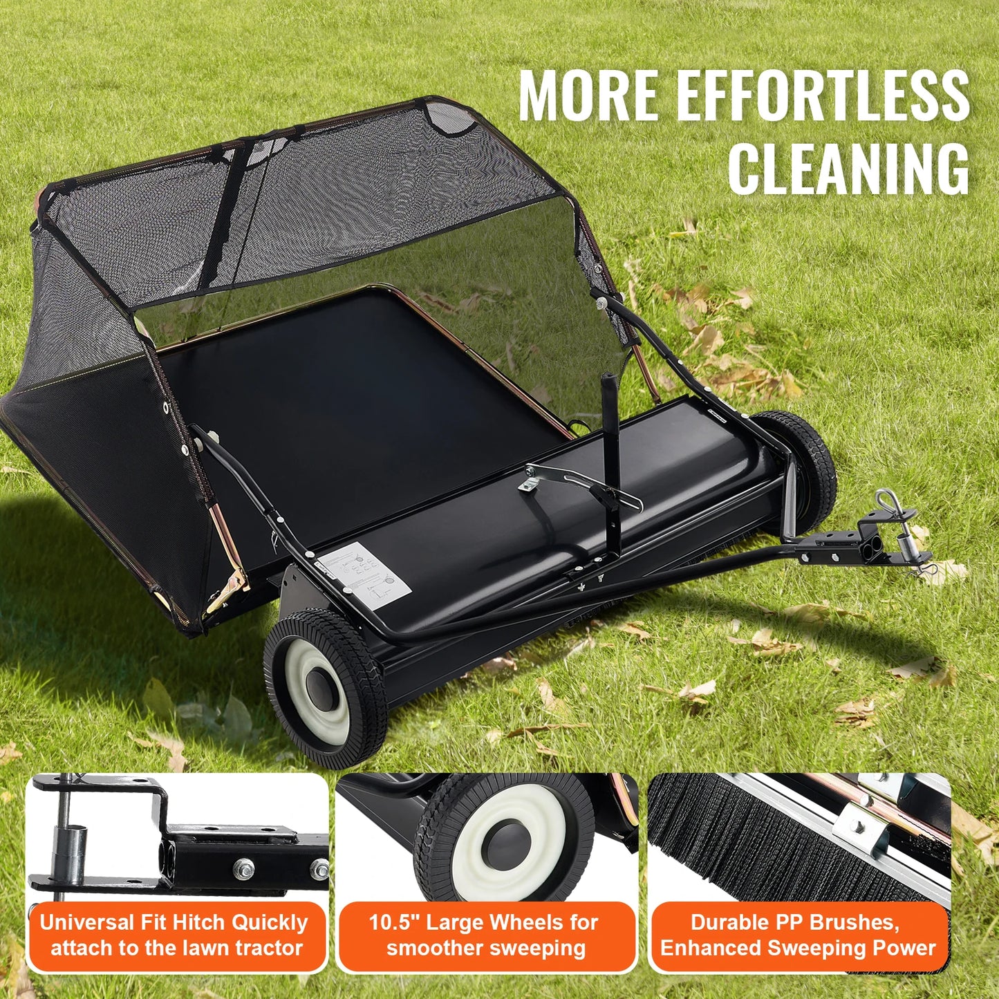 42-inch Lawn Sweeper Tow Behind 12 cu.ft.Heavy Duty Leaf Grass Collector Adjustable Height for Picking Up Debris Grass