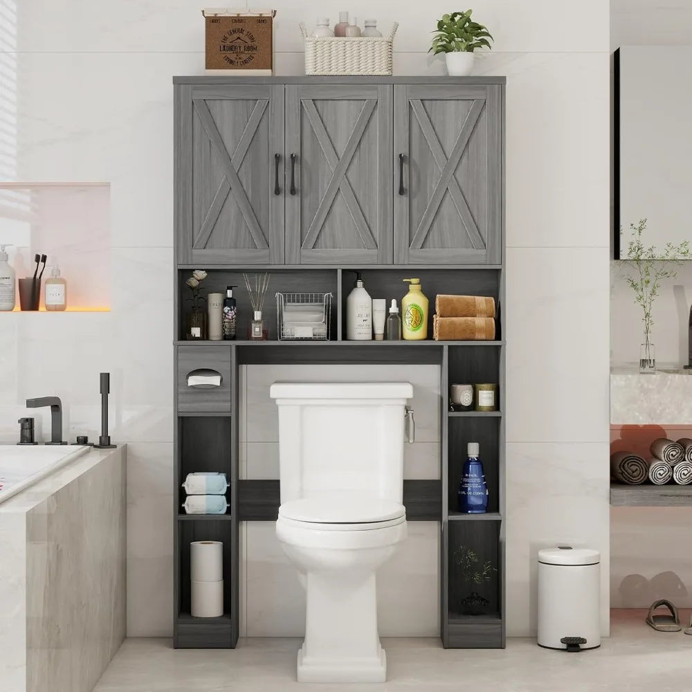 Over The Toilet Storage Cabinet, Farmhouse Toilet Cabinet Rack with 3 Barn Doors, Space Saving Bathroom Organizer with Shelves,