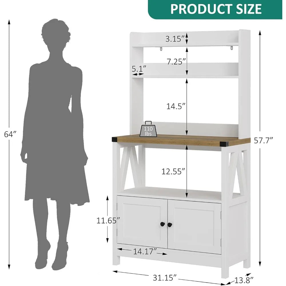 White Microwave Stand Bakers Rack Cabinet, Freestanding 5-Tier Kitchen Storage with Shelves, Farmhouse Floor Hutch Door Thickene