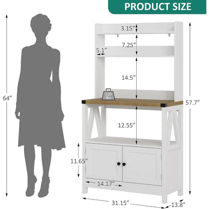 White Microwave Stand Bakers Rack Cabinet, Freestanding 5-Tier Kitchen Storage with Shelves, Farmhouse Floor Hutch Door Thickene