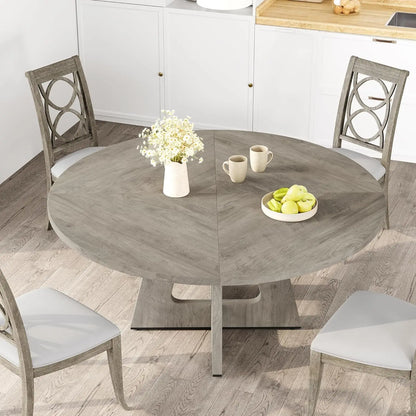 120 x 120 x 53 cm Round Dining Table for 4-6 People Space Saving Rustic Wooden Kitchen Table with Wood Base and Tabletop Black